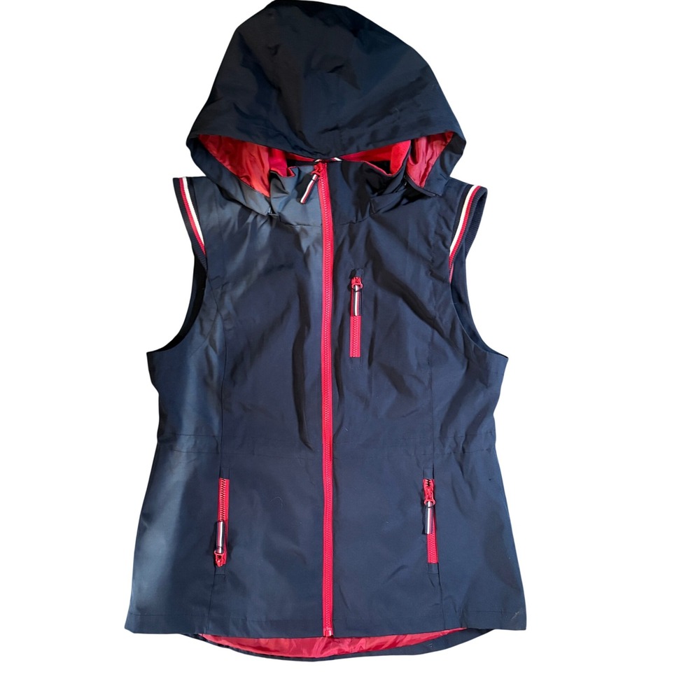 Tommy Hilfiger Mens Hooded Vest Navy Blue Red Full Zip Fleece Collar Large